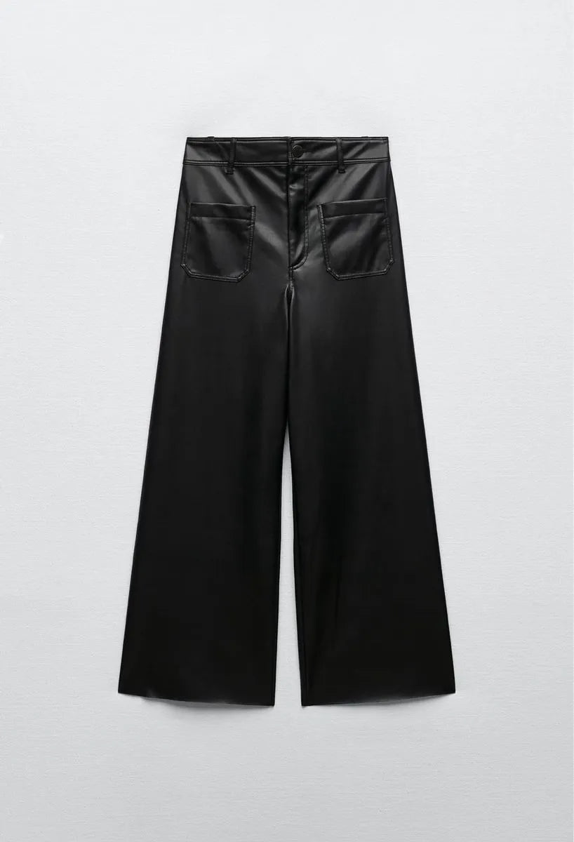 Black wide-leg pants on a light gray background