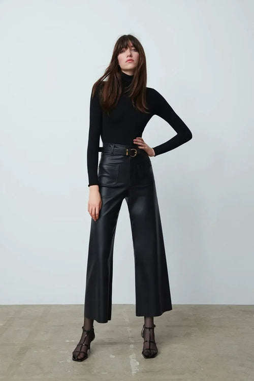 Woman wearing a black turtleneck and leather pants against a white background