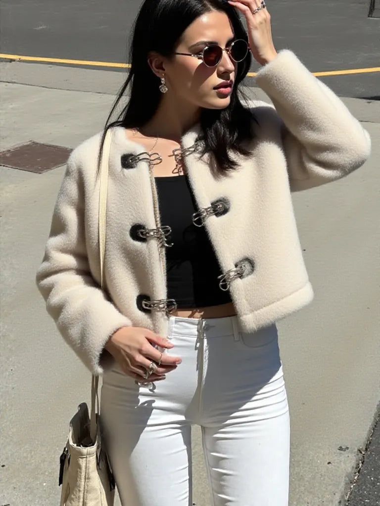 Woman wearing a beige coat, black top, and white pants on a city street.