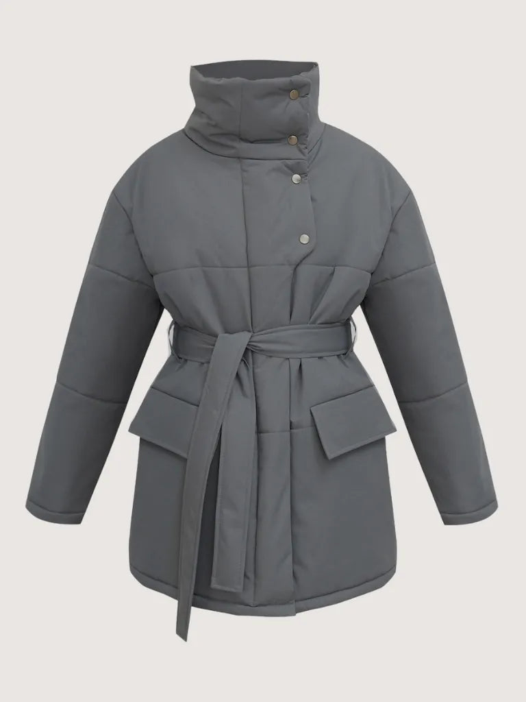 Gray puffer coat with a belt on a light gray background