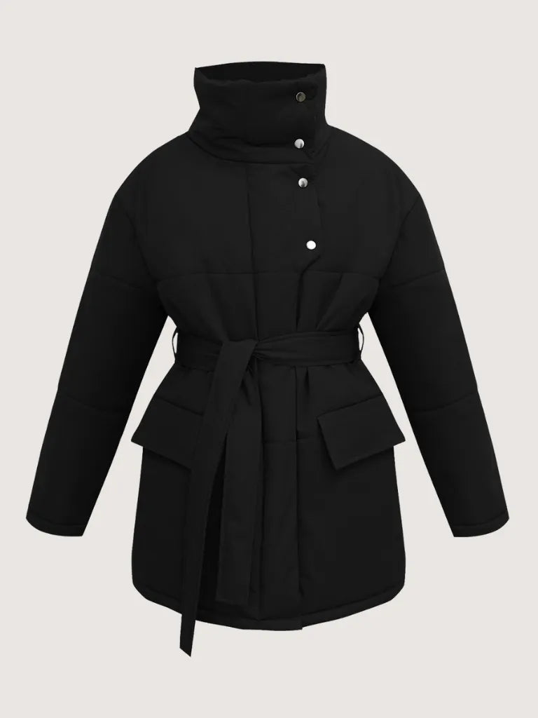 Black coat with a belt on a light gray background
