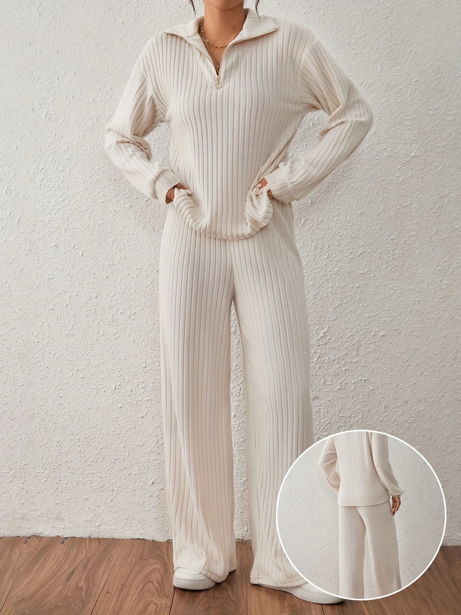 Person wearing a beige ribbed knit outfit with a close-up of the fabric texture on a white background.