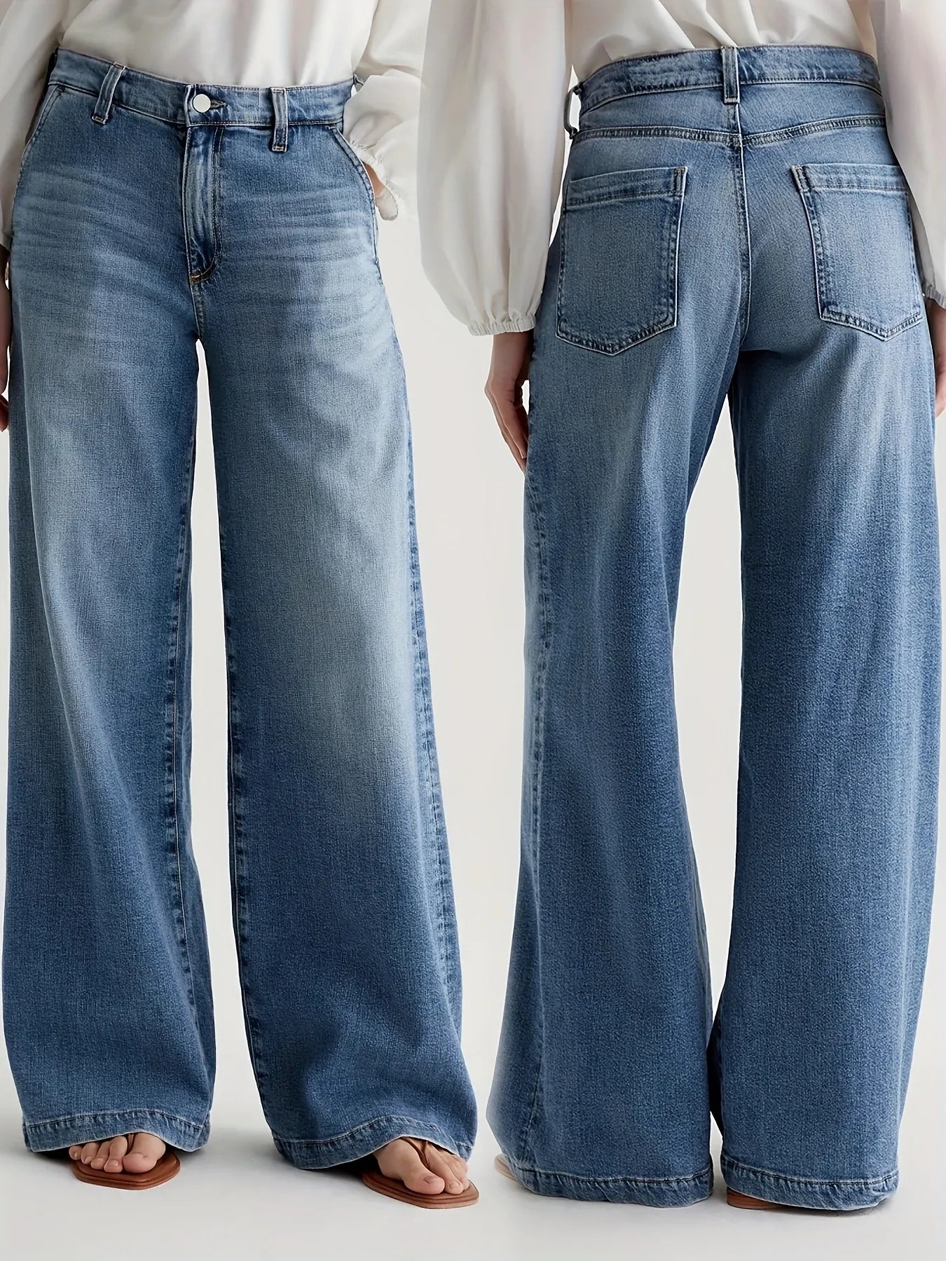 Pair of blue jeans shown from front and back on a white background