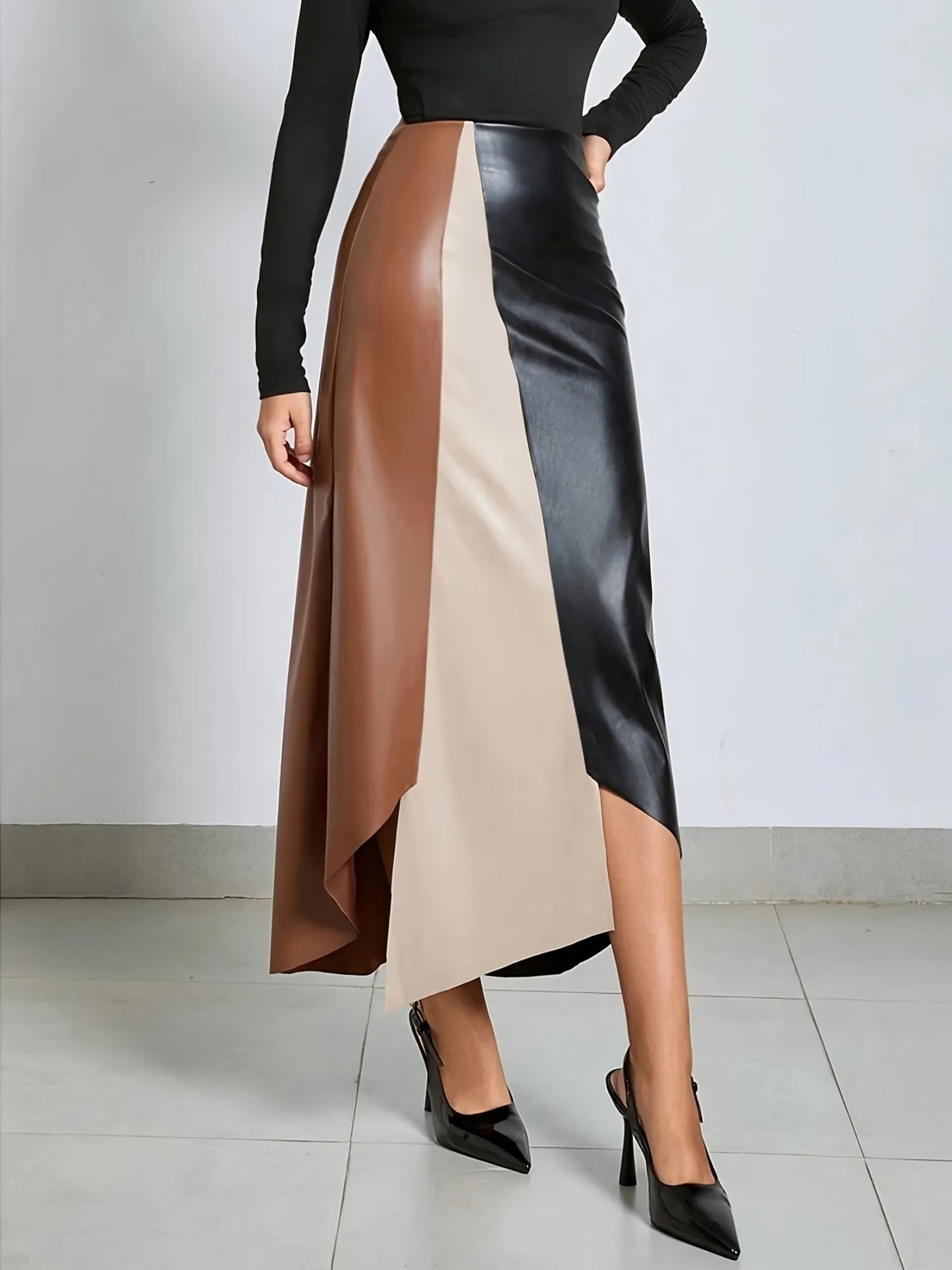 Colour-Block Faux Leather Midi Skirt