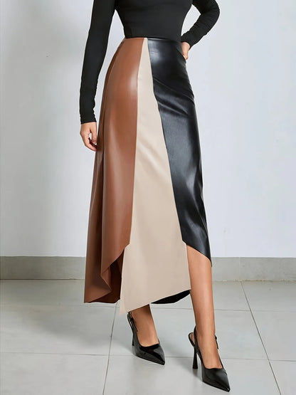 Colour-Block Faux Leather Midi Skirt