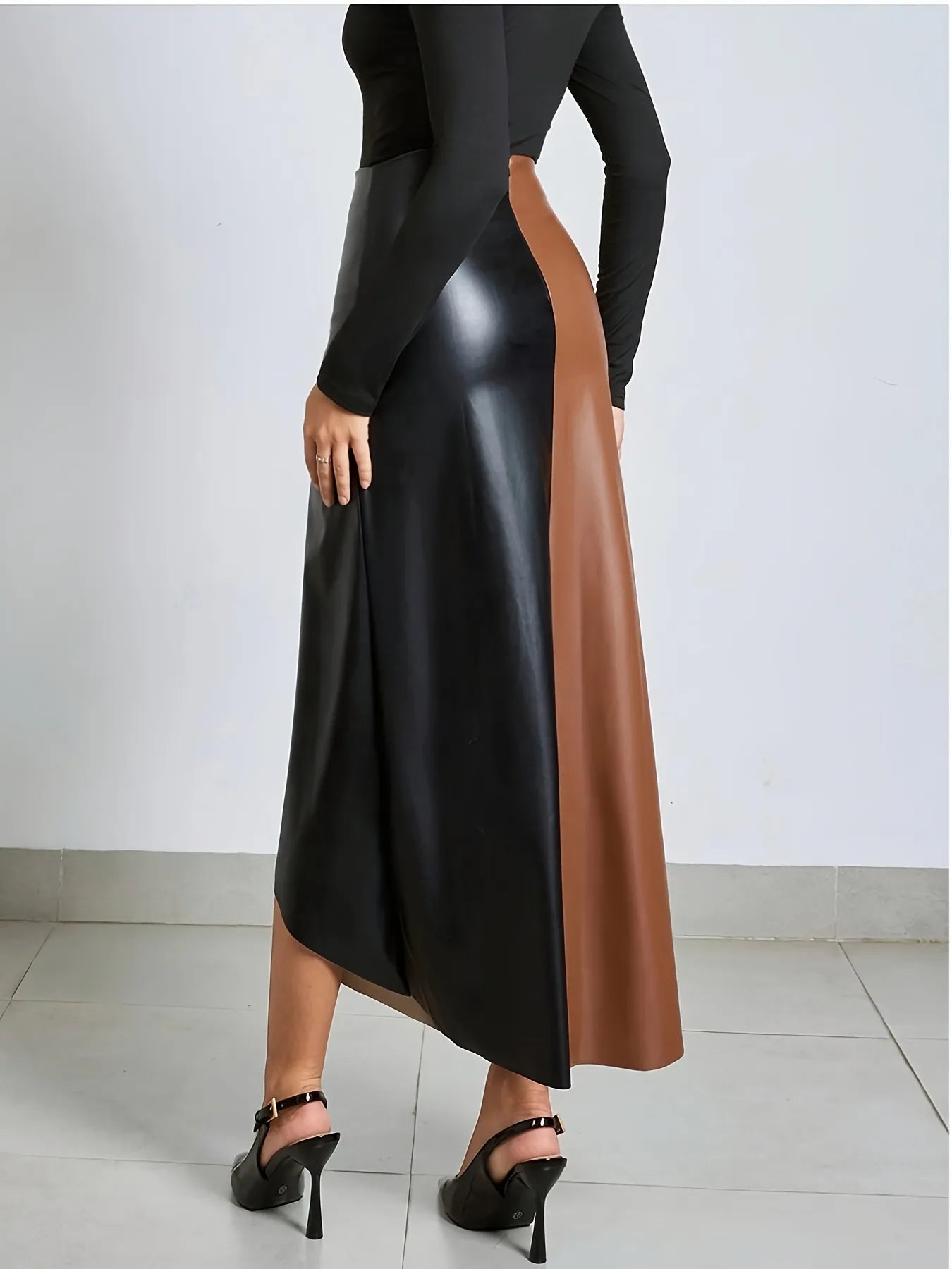 Colour-Block Faux Leather Midi Skirt