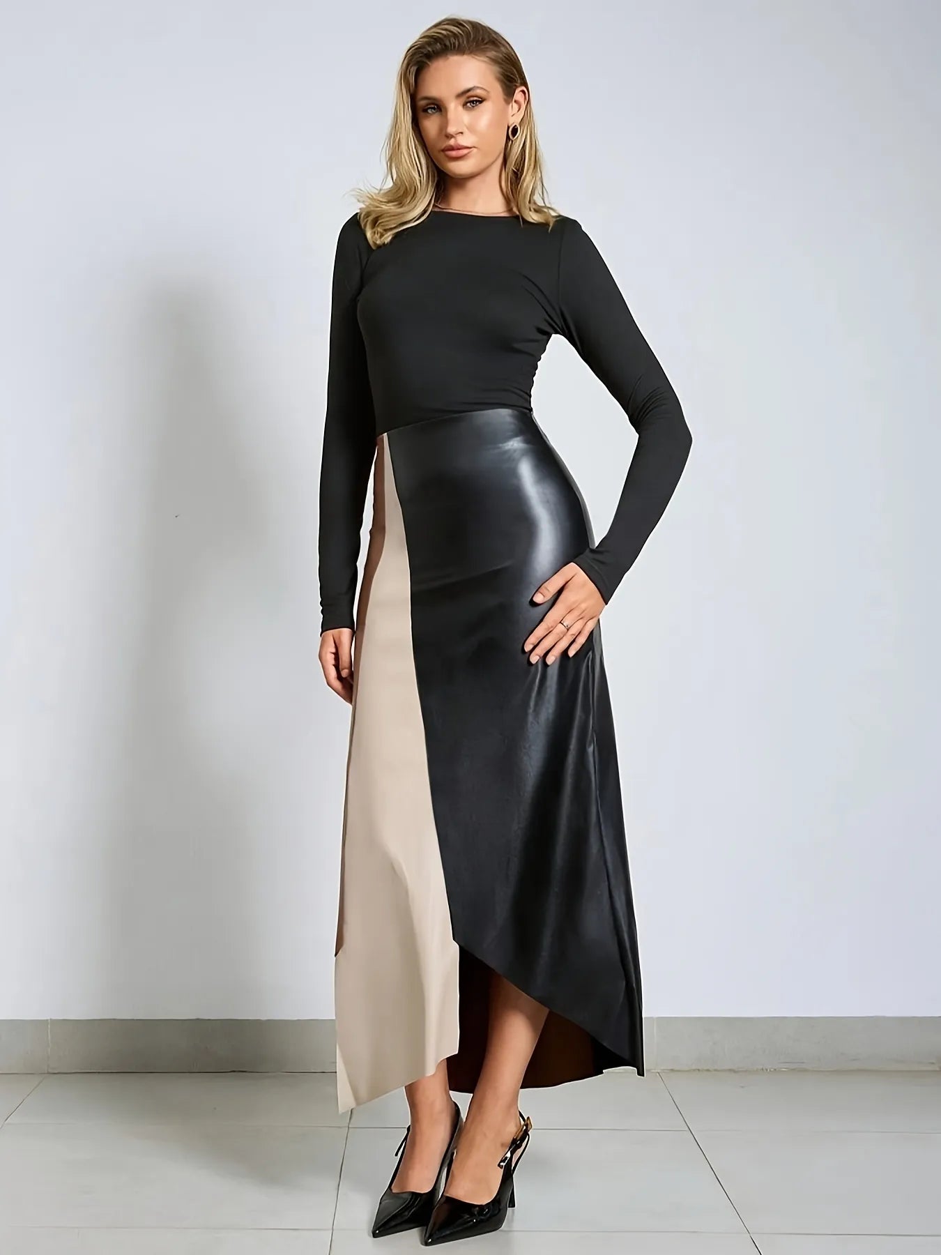 Colour-Block Faux Leather Midi Skirt