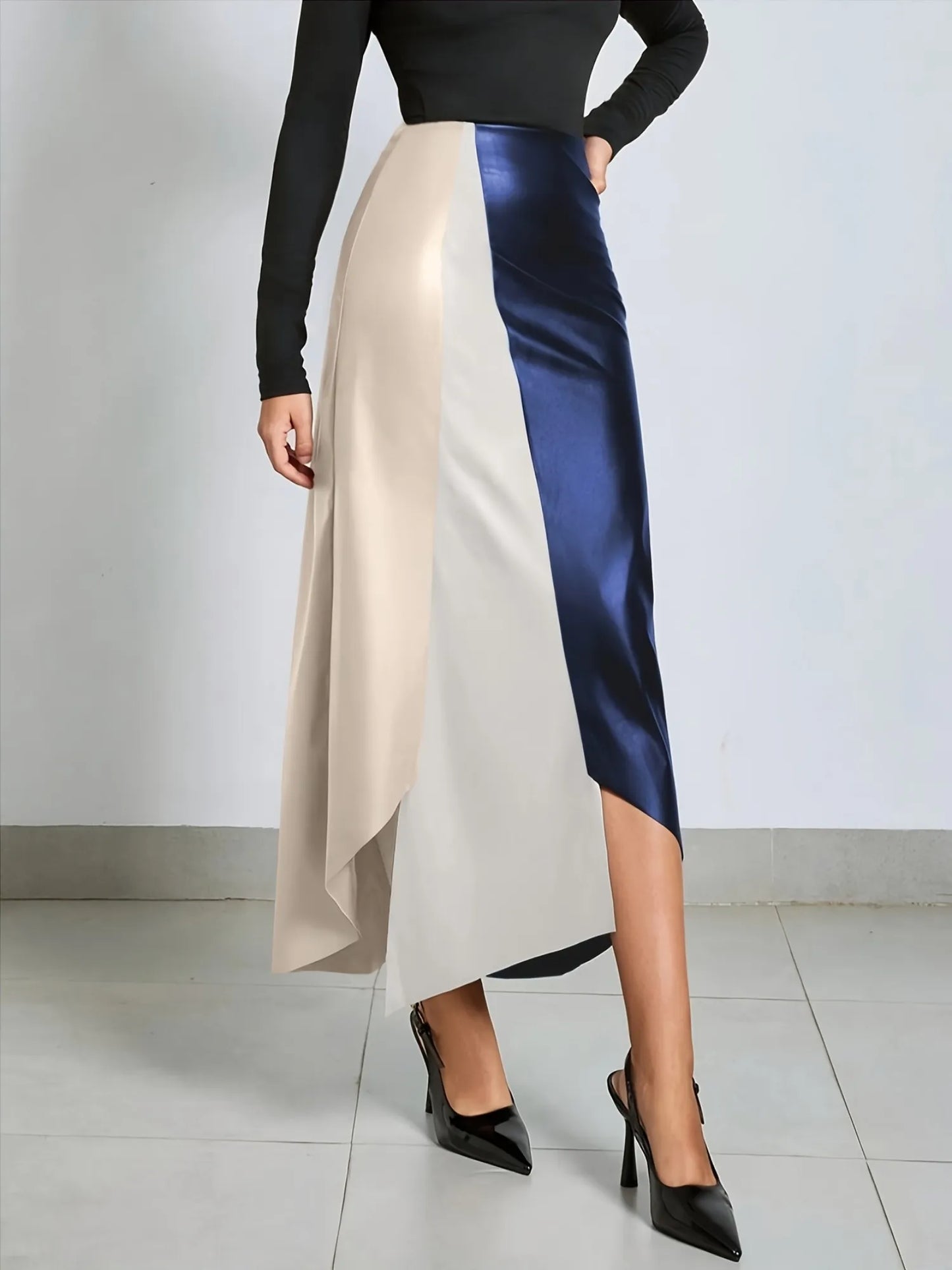 Colour-Block Faux Leather Midi Skirt