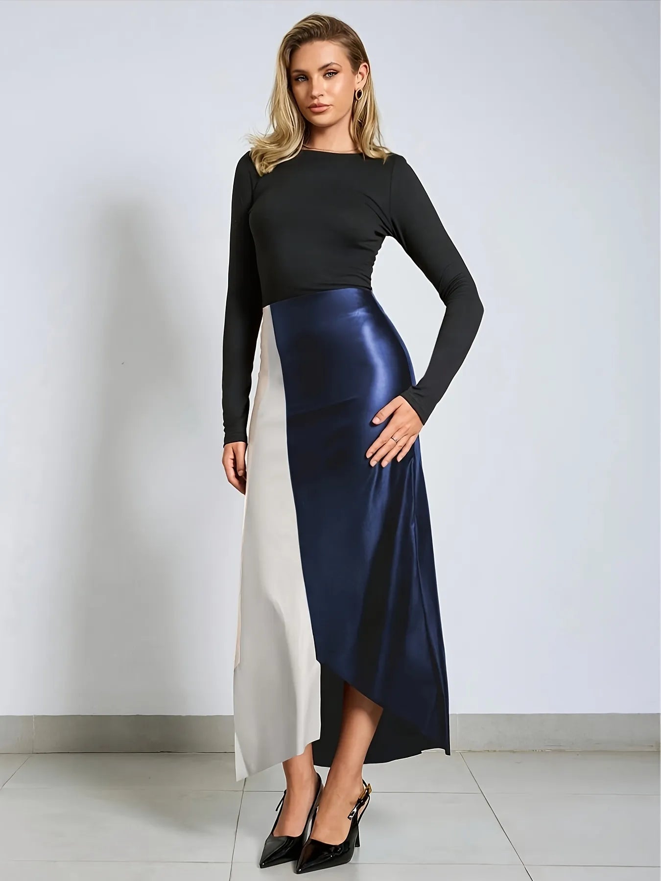 Colour-Block Faux Leather Midi Skirt