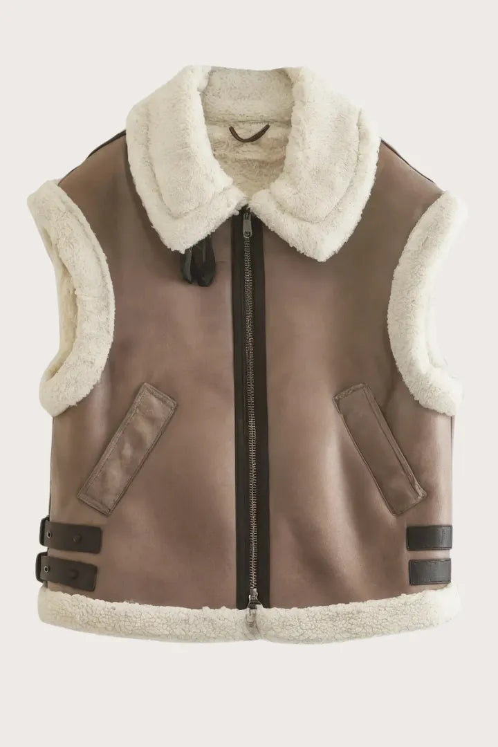 Brown vest with white fur collar and cuffs on a light gray background