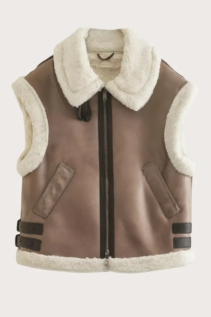 Brown vest with white fur collar and cuffs on a light gray background