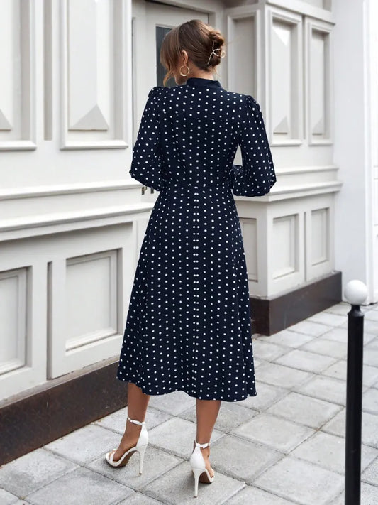 Frenchy Polka Dot Tie Neck Dress