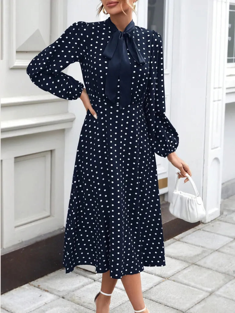 Frenchy Polka Dot Tie Neck Dress
