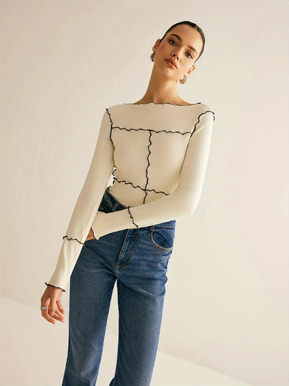 Ivory Contrast Stitch Knit Top