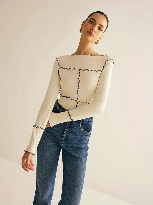 Ivory Contrast Stitch Knit Top