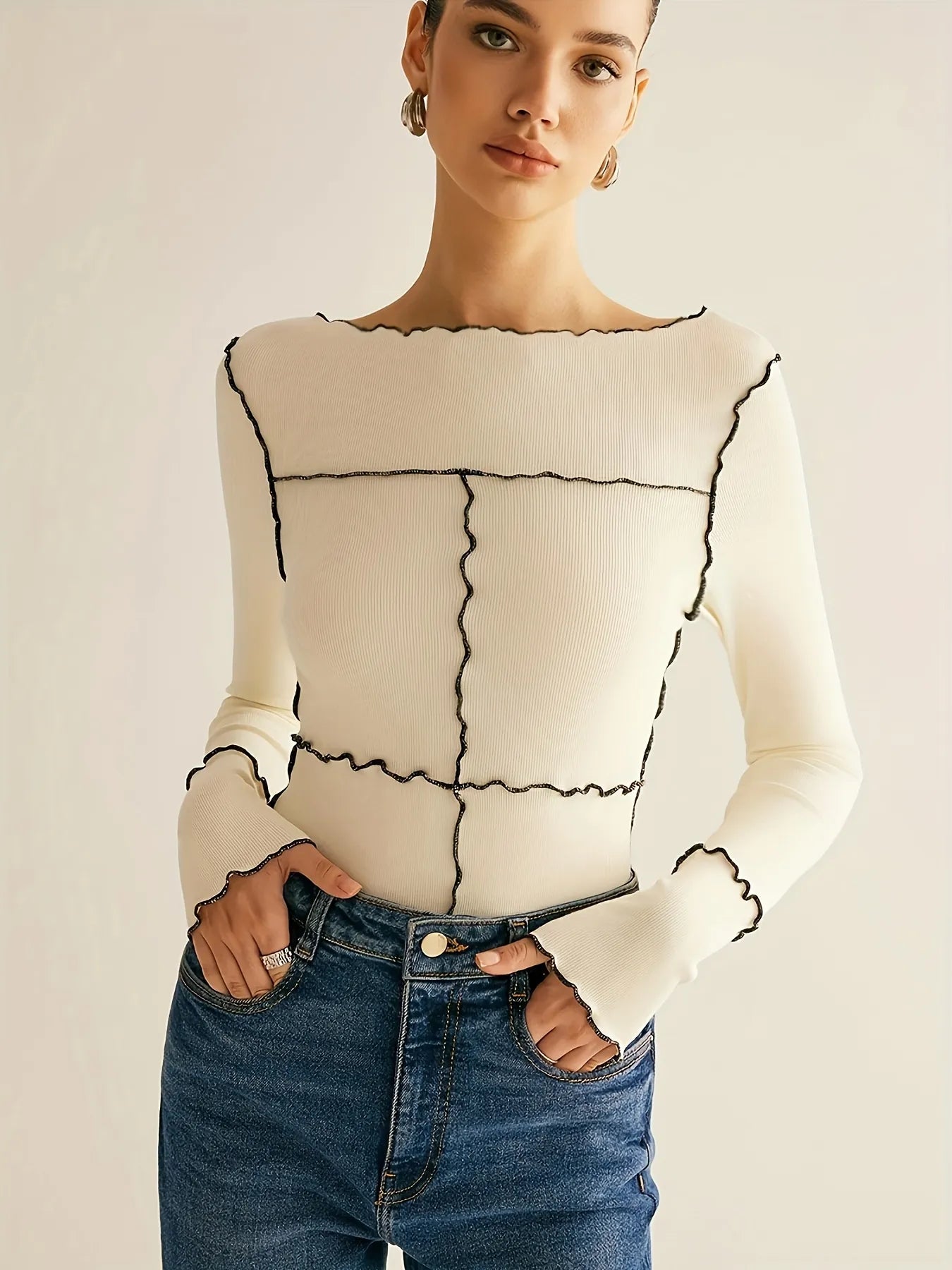 Ivory Contrast Stitch Knit Top