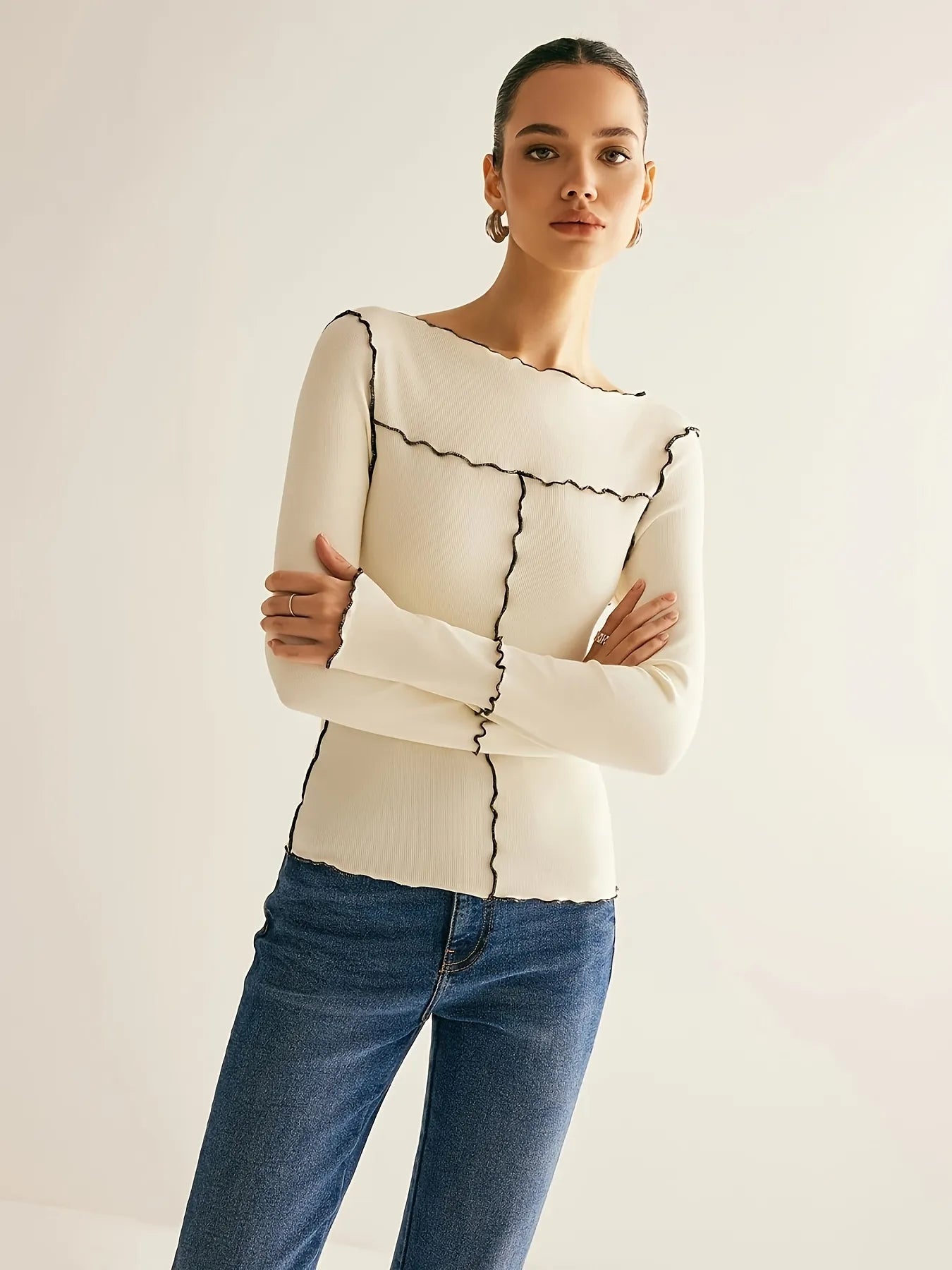 Ivory Contrast Stitch Knit Top