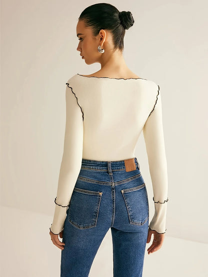 Ivory Contrast Stitch Knit Top