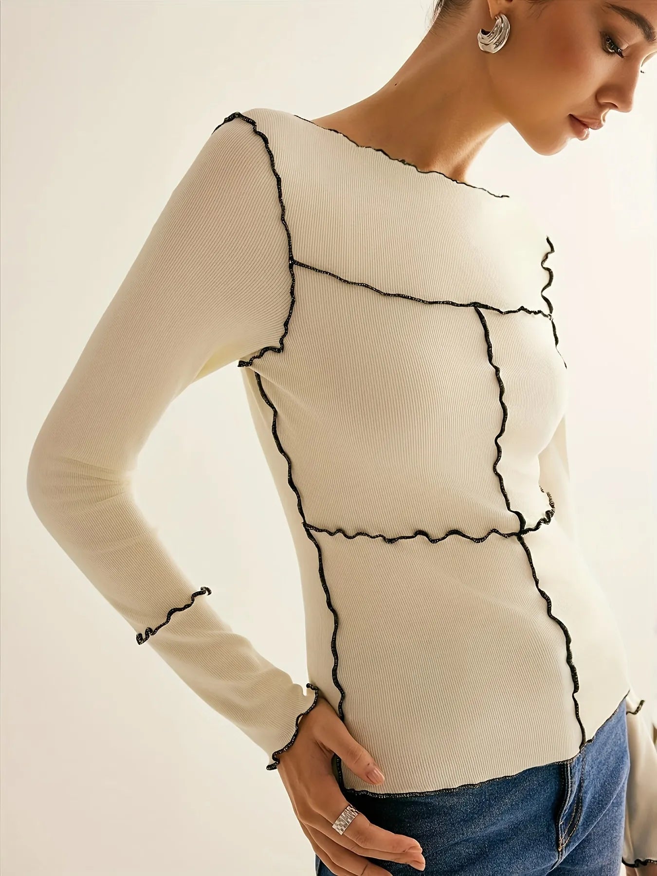 Ivory Contrast Stitch Knit Top