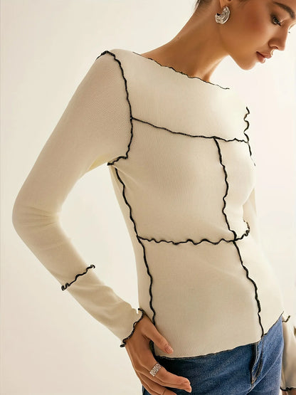 Ivory Contrast Stitch Knit Top