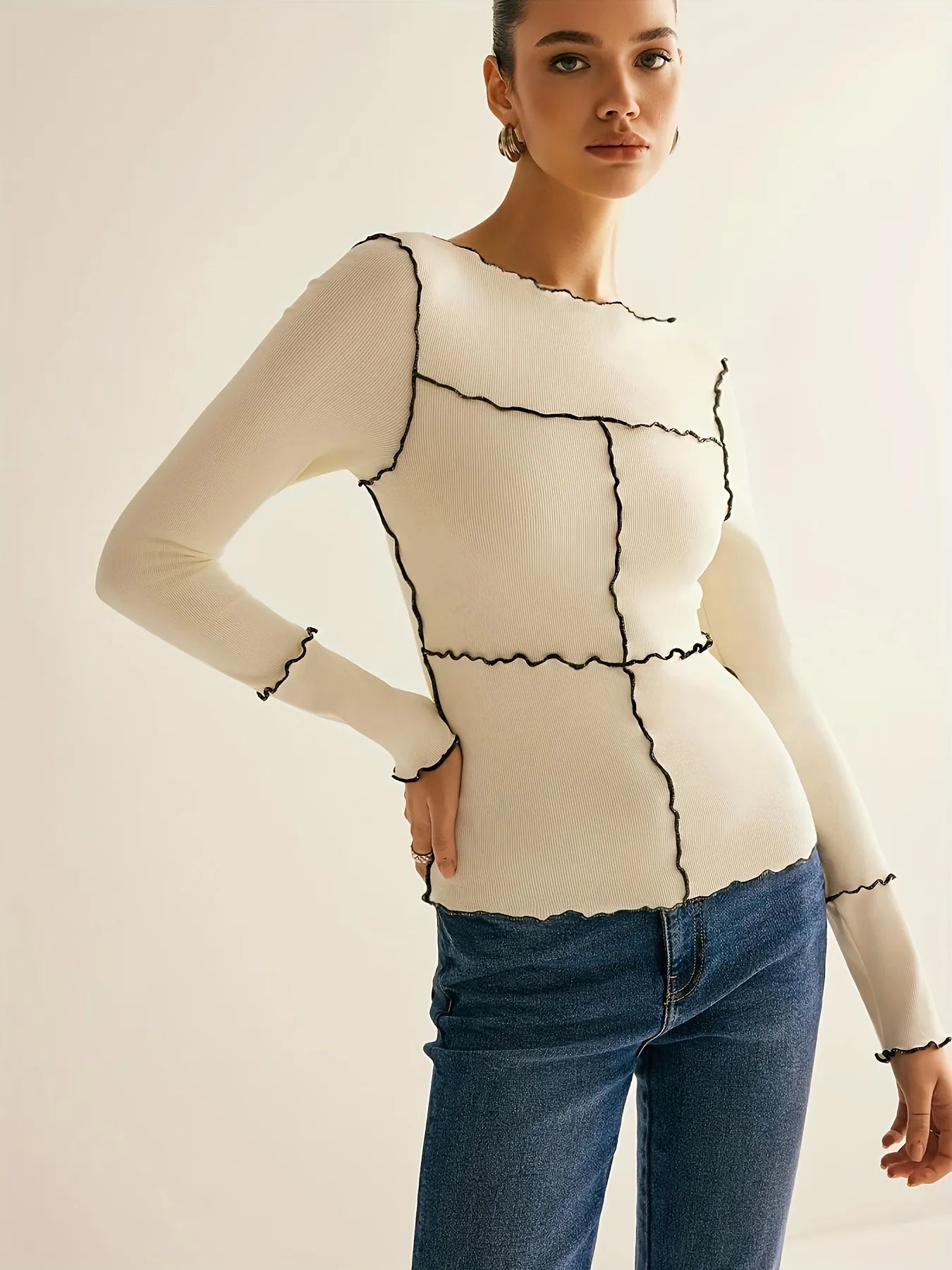 Ivory Contrast Stitch Knit Top