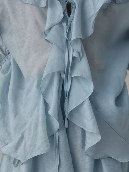 Light blue ruffled top with sheer overlay on a plain background