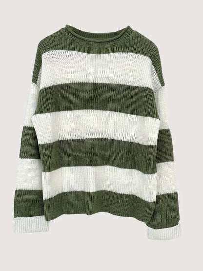 Green and white striped sweater on a light gray background