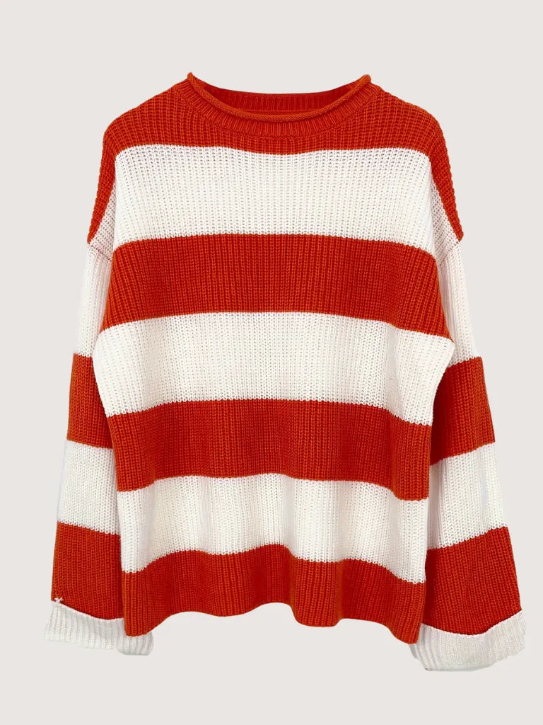 Red and white striped sweater on a light gray background