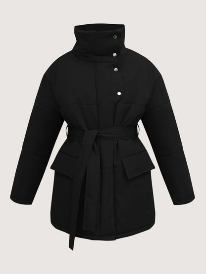 Black coat with a belt on a light gray background