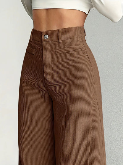 Brown ribbed pants worn by a person on a plain background