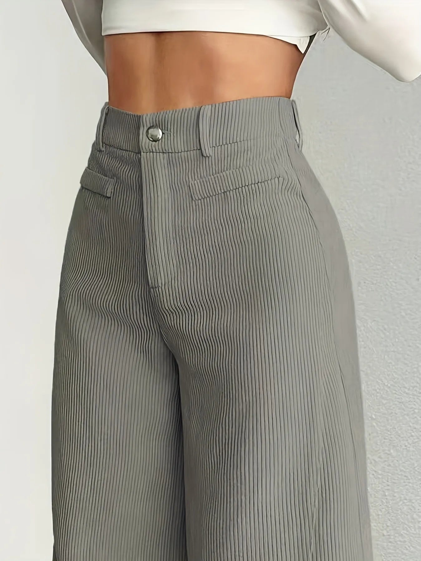 Gray pleated pants worn by a person on a plain background