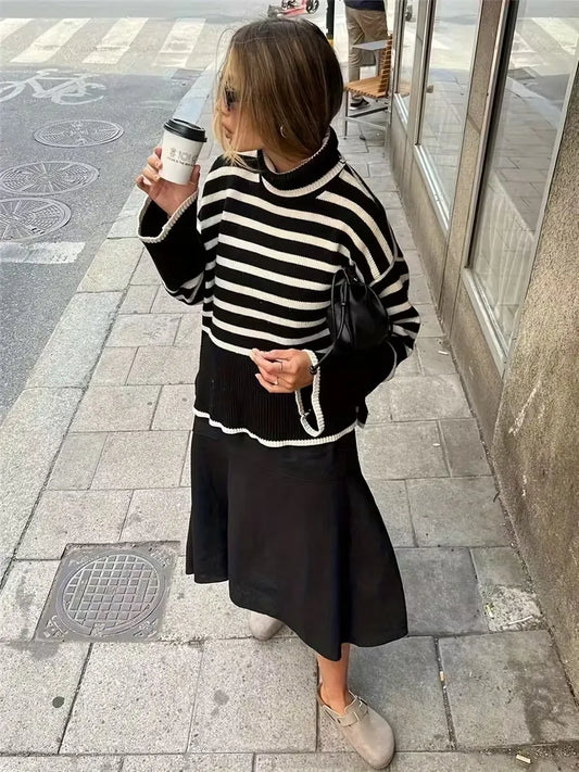 Striped Ribbed Turtleneck Sweater