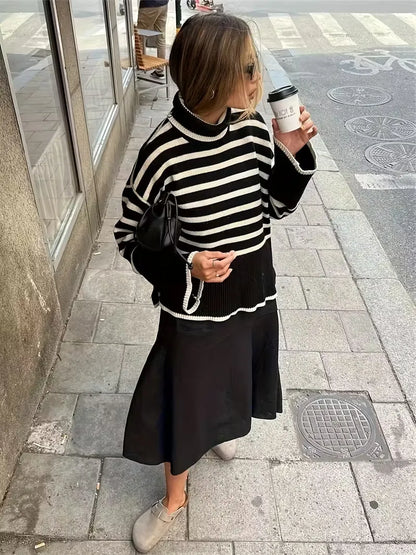 Striped Ribbed Turtleneck Sweater