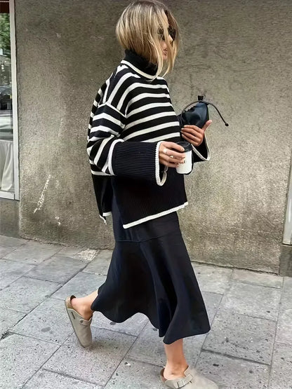 Striped Ribbed Turtleneck Sweater
