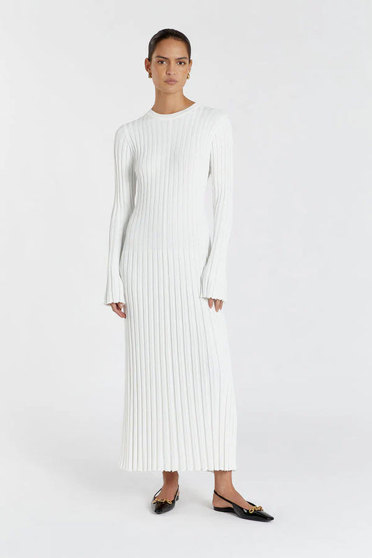 Ribbed Knit Midi Dress with Round Neck