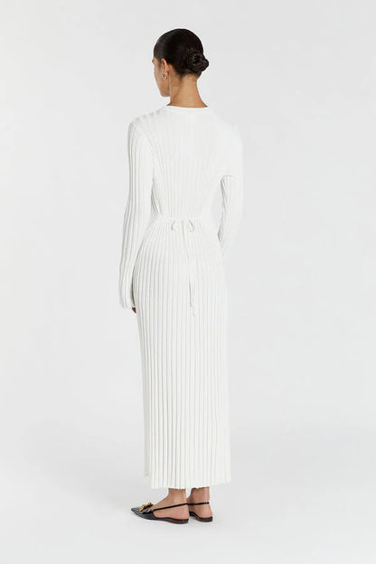 Ribbed Knit Midi Dress with Round Neck