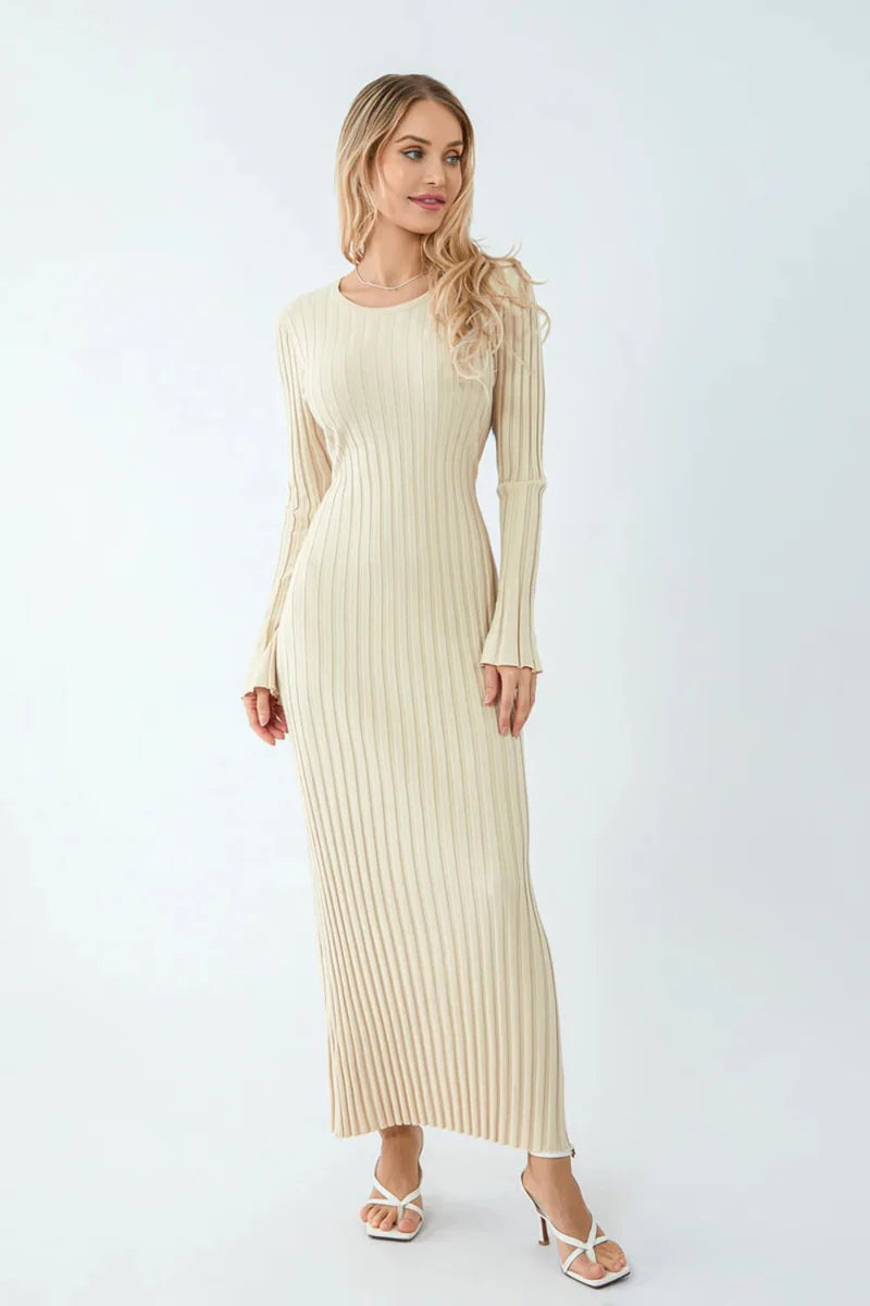 Ribbed Knit Midi Dress with Round Neck