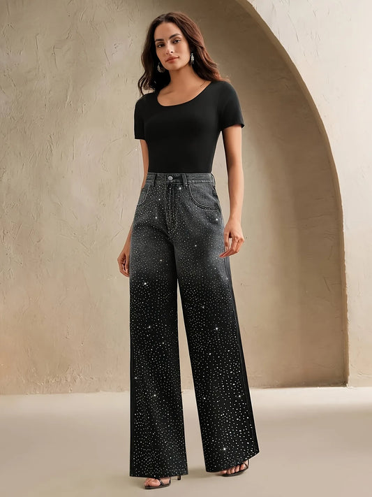 Women’s Rhinestone Wide-Leg Denim | Starry Gradient Design